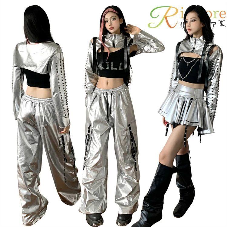 銀 シルバー ダンス衣装 セットアップ レディース カーゴパンツ 韓国 k