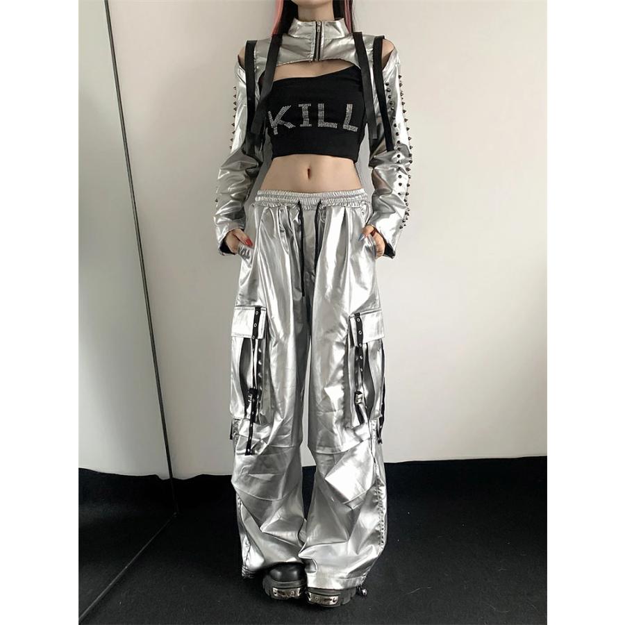 銀 シルバー ダンス衣装 セットアップ レディース カーゴパンツ 韓国 k