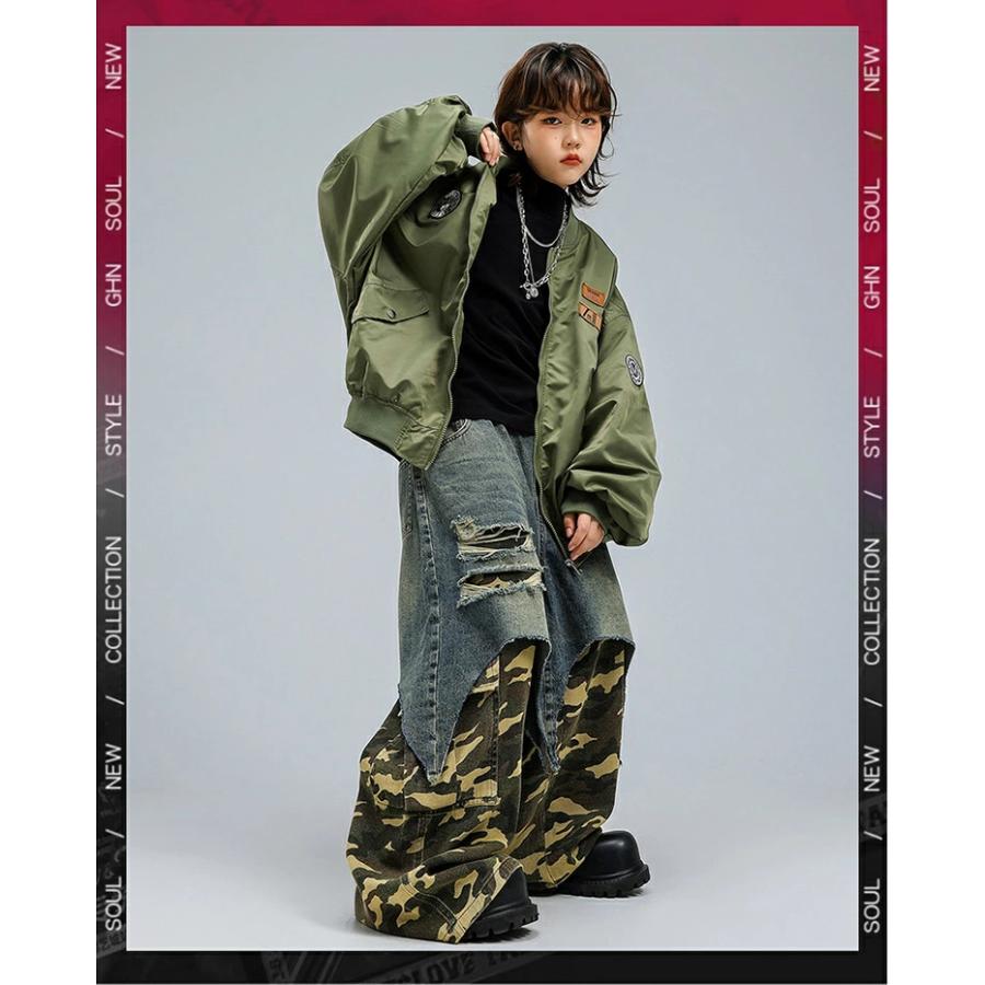 迷彩 キッズ ダンス衣装 HIPHOP ガールズ 男の子 ブルゾン長袖 MA-1