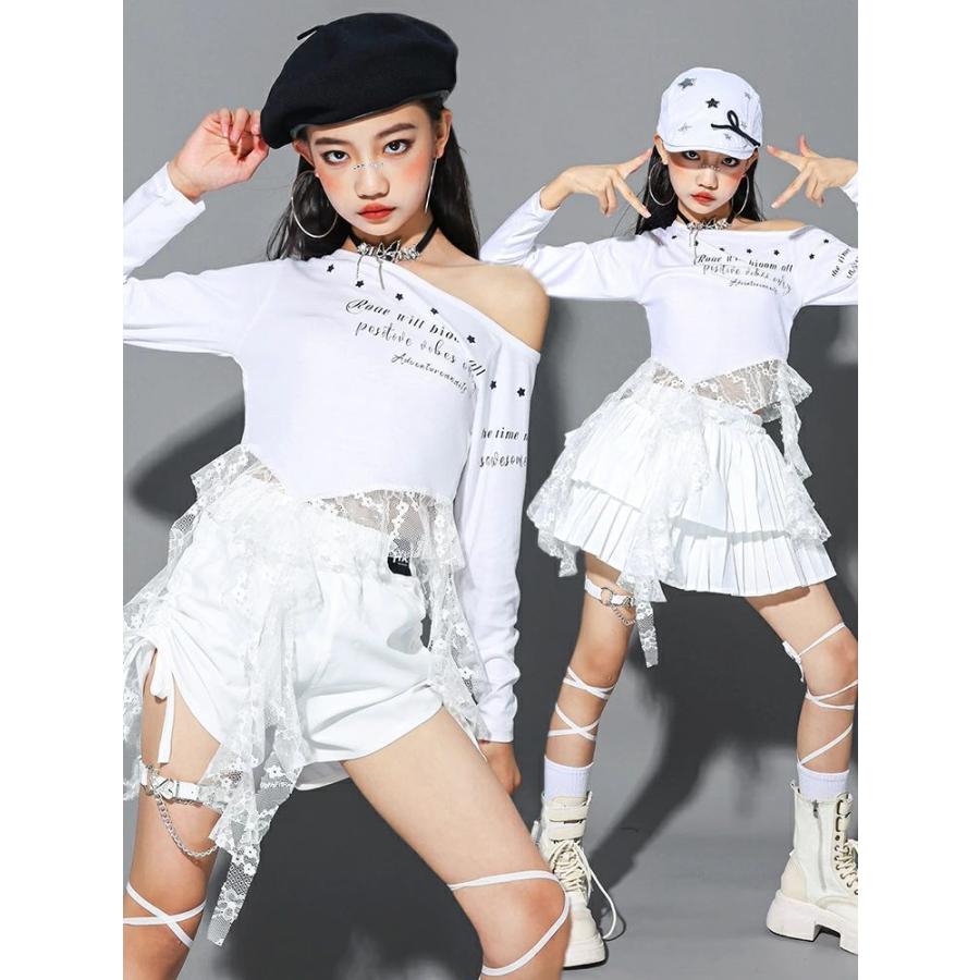白のワンショルダーセットアップ衣装（ポールダンス衣装） キッズ ダンス 衣装 Kpop ガールズ セットアップ 白 ホワイト チーム