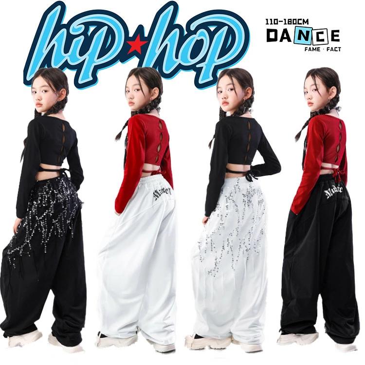 女の子 ダンスウェア へそ出し 長袖 ロングT 赤 黒 ダンス衣装