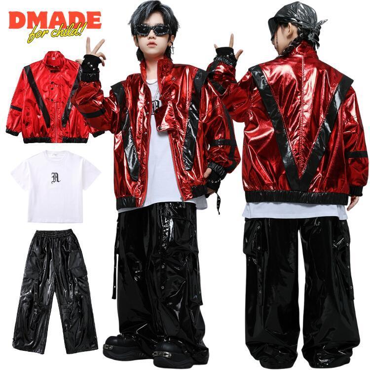 エナメル ジャケット 赤黒 セットアップ キッズ ダンス 衣装 赤 黒