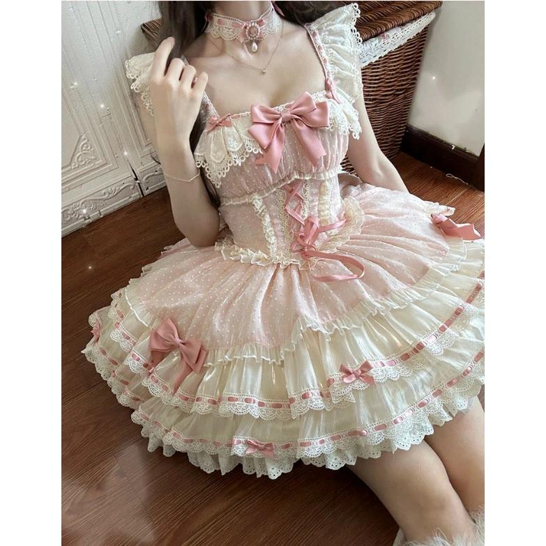 ロリータ ドレス ピンク 可愛い お姫様 ワンピース ショート丈 ミニ丈