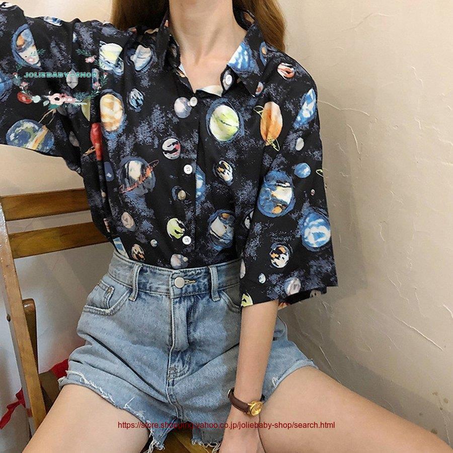 ブラウス 柄シャツ レディース 半袖 宇宙柄｜joliebaby-shop