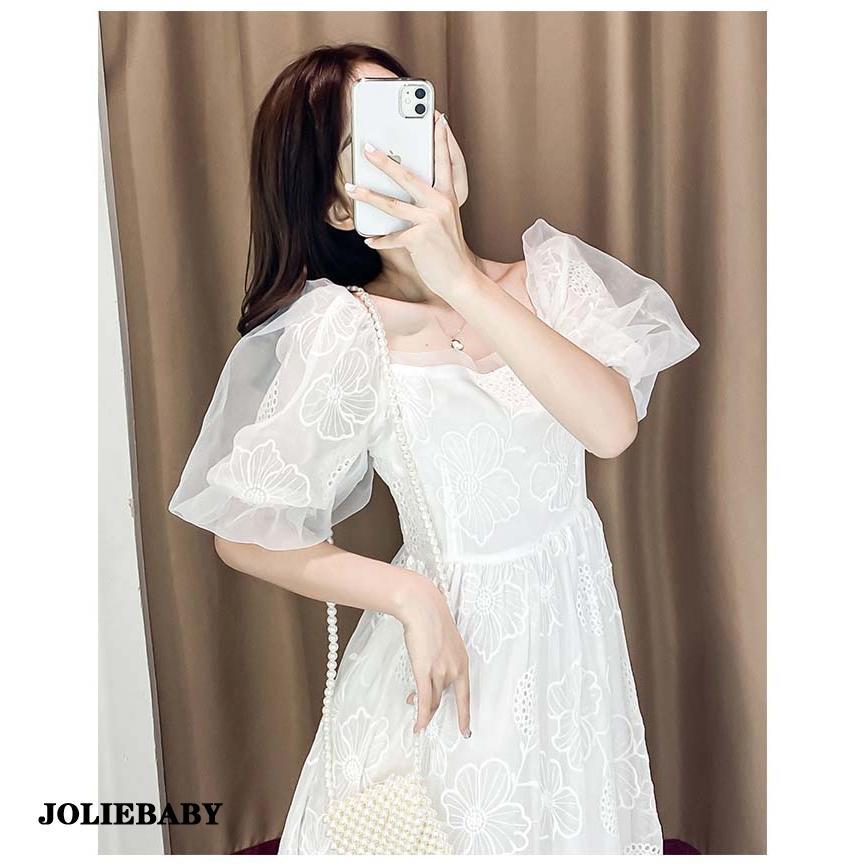 白ワンピース パフスリーブ 半袖【S〜5XL】オーガンジー ロング 白ワンピース パフスリーブ 半袖【S〜5XL】オーガンジー ロング