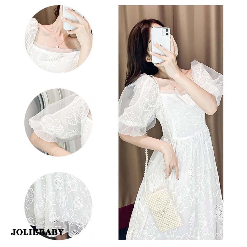 白ワンピース パフスリーブ 半袖【S〜5XL】オーガンジー ロング 白ワンピース パフスリーブ 半袖【S〜5XL】オーガンジー ロング