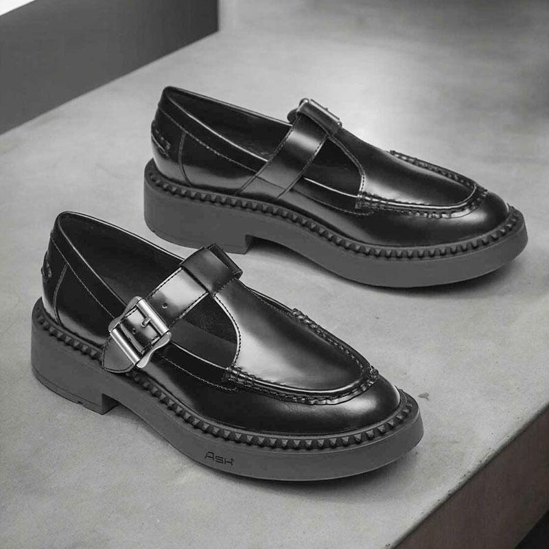 ASH アッシュ スタッズ ローファー ブラック ハラコ 本革 革靴 革 ASH（アッシュ）の「【NELSON STUD】チャンキーヒールローファー