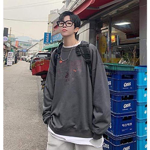 クラシック Yyq Shop メンズ 韓国ファッション 8グレー ストリート系 春服 アウター トップスプルオーバー クルーネック パーカー ゆったり 長袖 トレーナー トレーナー Aurafest Fi