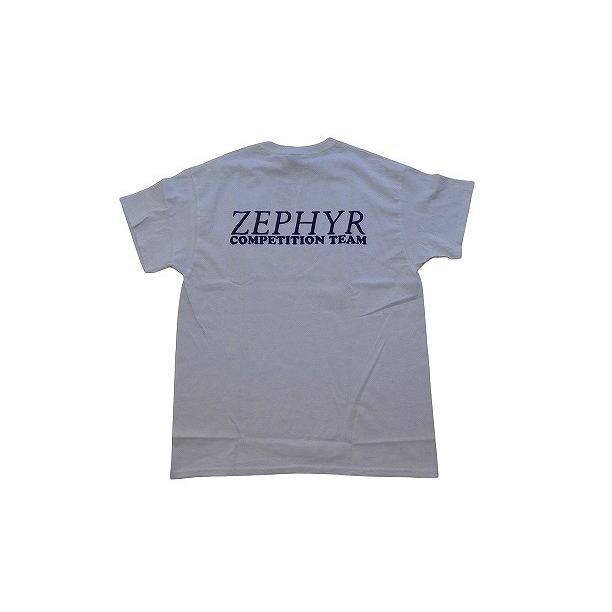 ZEPHYR COMPETITION TEAM LOGO ゼファー　ZP＃２W バック＆フロントチームロゴ Tシャツ 白x紺　ホワイト/ネイビープリント｜jonnybeeameyoko