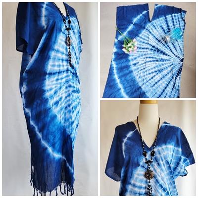 タイダイワンピース インディゴ 藍染 手絞り 半袖 ロング マキシ