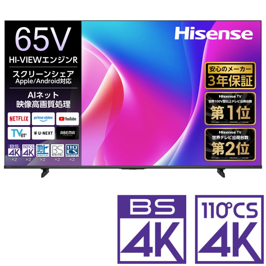 決定しました❗️無料配送 美品 ２０２５年 ハイセンス６５Ⅴ型 ４Ｋ液晶 UHDTV 65A6K  HI-VIEWエンジンLite  HDR Youtube NETFLIX 多機能リモコン BANDAI（バンダイ） テレビ 【設置込】Hisense ハイセンス 65A6K 地上