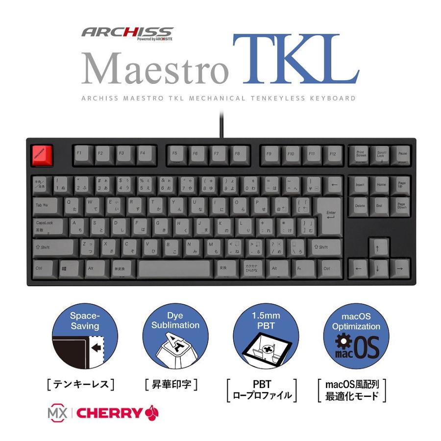 ARCHISS メカニカルテンキーレスキーボード 日本語JIS配列 CHERRY MX 静音赤軸 91キー Maestro TKL グレーキーキャップ モデル AS-KBM91/ SRGBA 返品種別A｜joshin｜04