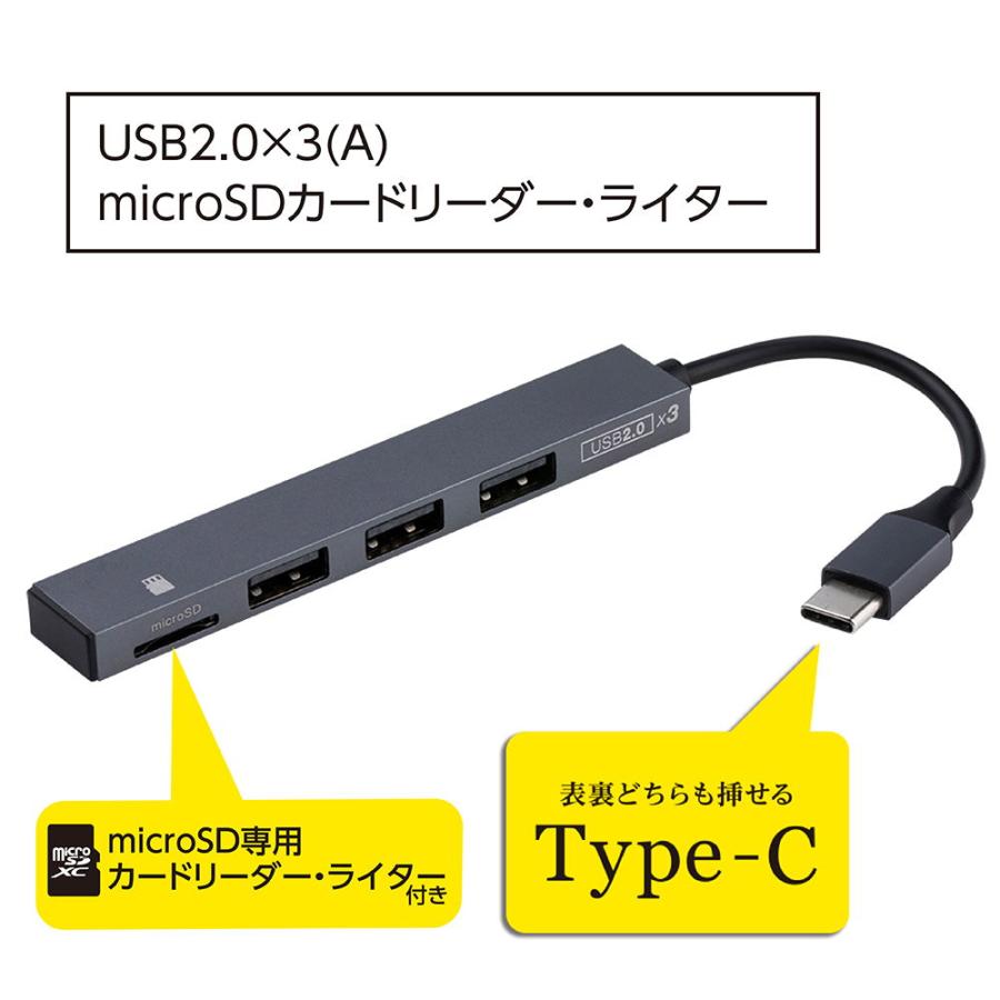 ナカバヤシ アルミ極薄USBハブ USB2.0 Type-C 3ポート変換 micro SDカードリーダー STIXシリーズ COM-C2MSD113GY 返品種別A｜joshin｜02