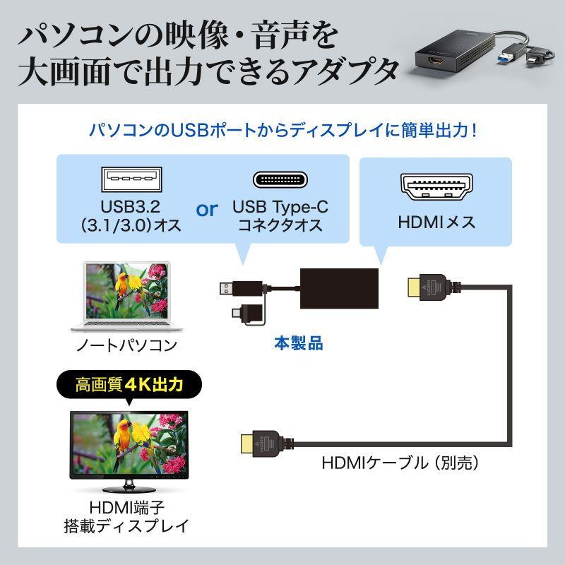 サンワサプライ USB A/ Type-C両対応 HDMIディスプレイアダプタ(4K/ 30Hz対応) USB-CVU3HD4 返品種別A｜joshin｜03
