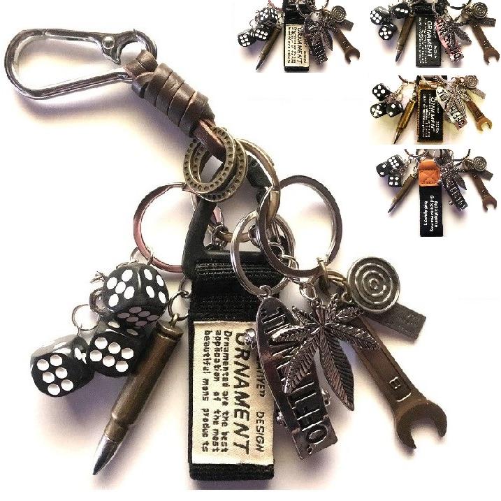 キーホルダー レトロ アメカジ ビンテージ 古着 ストリート ジャラジャラ ダイス スケボー 本革 巻き ステンレス カラビナ 送料無料 | 