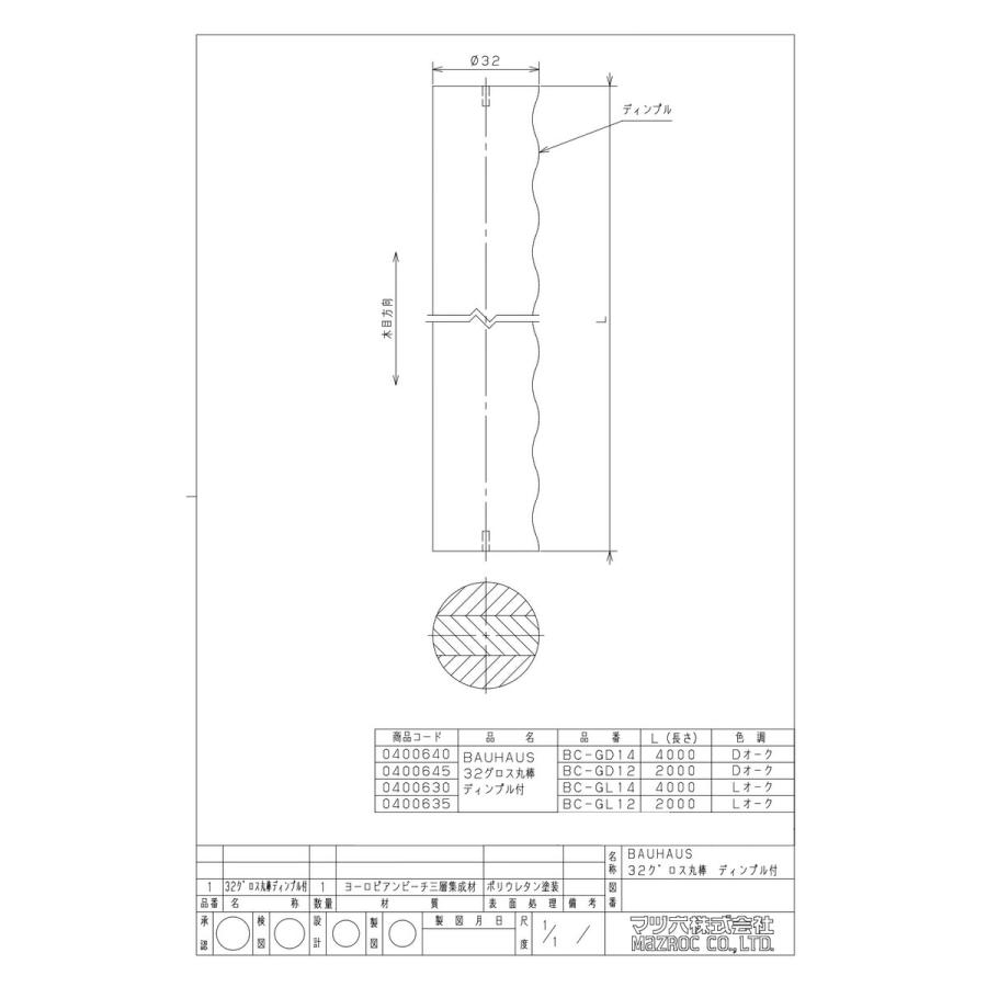 手すり棒 32mm 手すり 木製 マツ六 BC-GD14 BC-GL14 32グロス丸棒 手すり棒 ディンプル付 4000mm 室内用 玄関 階段 廊下 立ち上がり補助_3