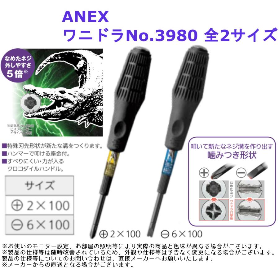 叩ける なめた ドライバー 工具 道具 ANEX ワニドラ 品番：No.3980 全2