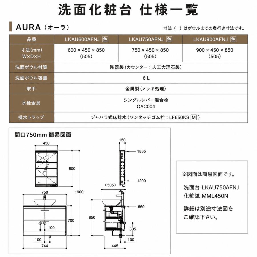 アサヒ衛陶 洗面化粧台 AURA（オーラ）750mm 下台のみ LKAU750AFNJ【全