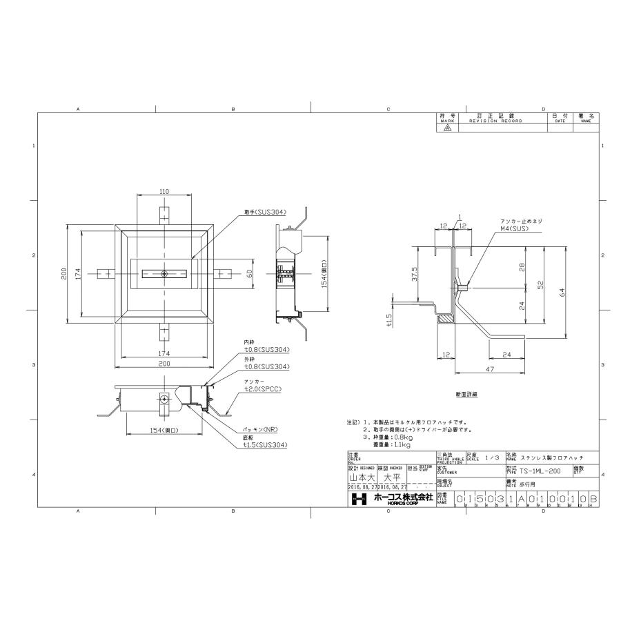ホーコス フロアハッチ 納入仕様書添付あり TS-1ML 200サイズ ステンレス製 ロック式 モルタル用 歩行用荷重 送料無料_1