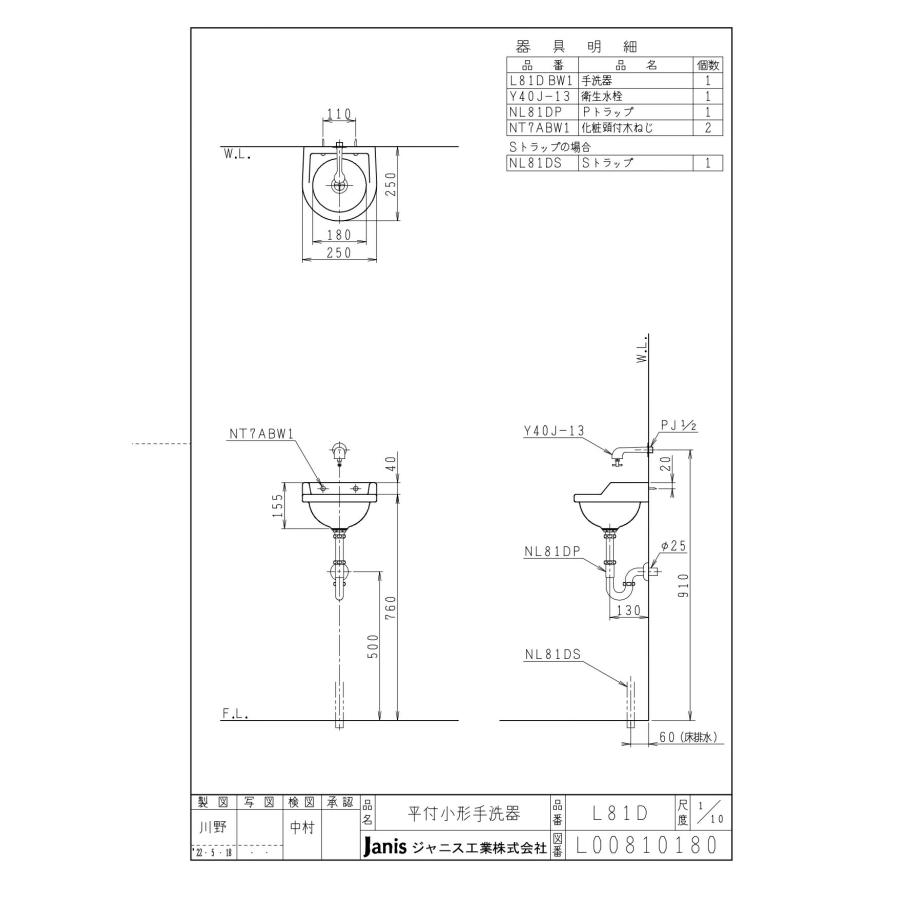 良一商品 洗面器 手洗器セット ジャニス 小形 間口250mm Pトラップ 品番：L81D