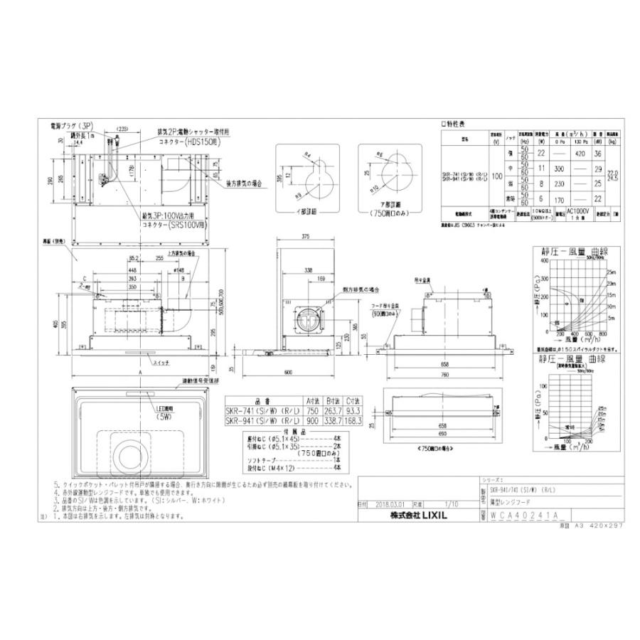 レンジフード　富士工業製（LIXIL）　SKR-741SI(R　SKRタイプ　シルバー　間口75cm　壁付用(I型・L型)　L)　上幕板付き