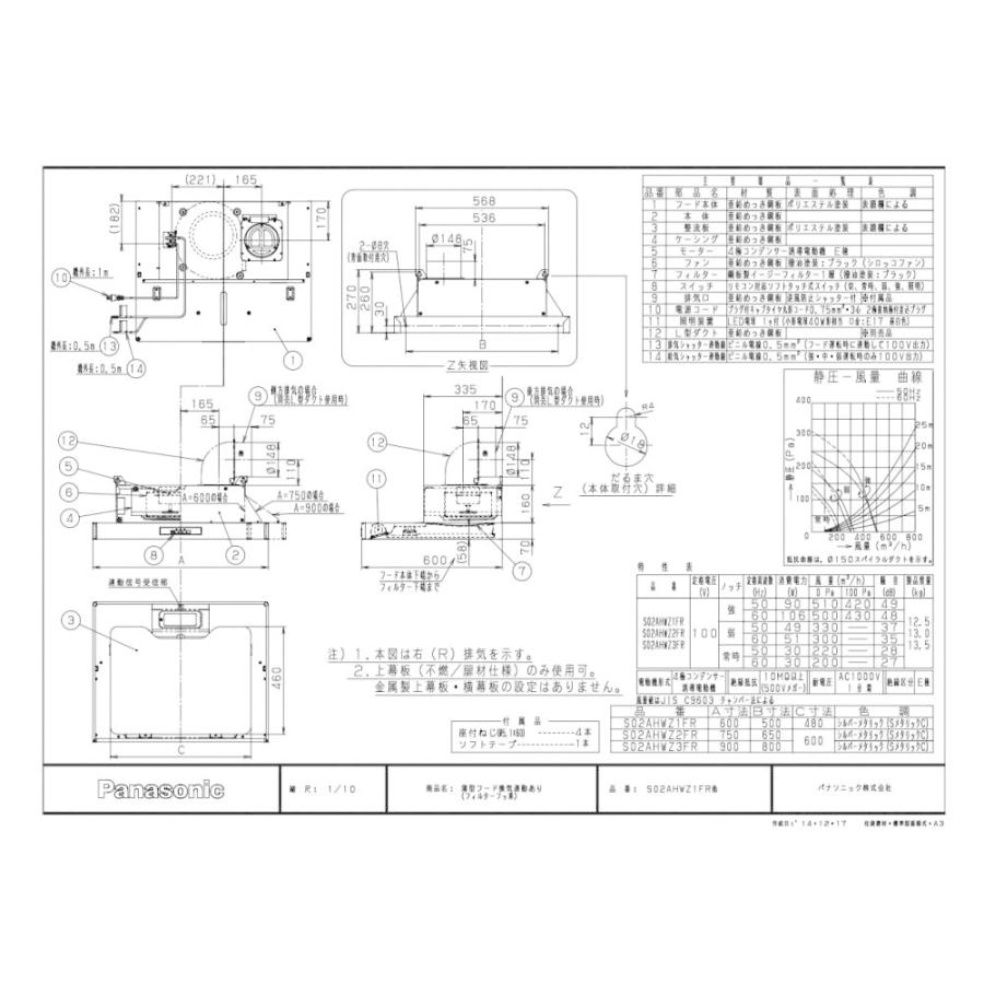 レンジフード　富士工業製（Panasonic）QSS02AHWZ3F(R　L)　間口90cm　換気連動　梁対応　薄型フード　シルバー　上幕板付き