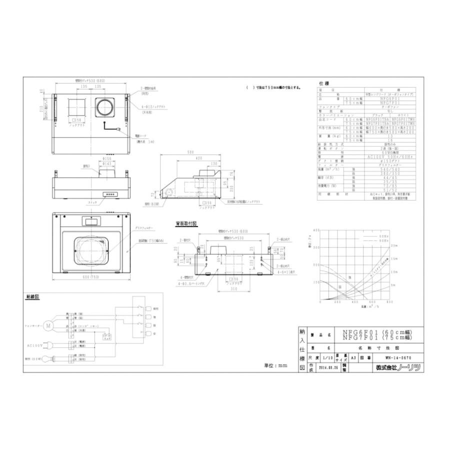 レンジフード　渡辺製作所製（NORITZ）NFG7F01TBA　間口75cm　ブラック　平型（ターボファン）