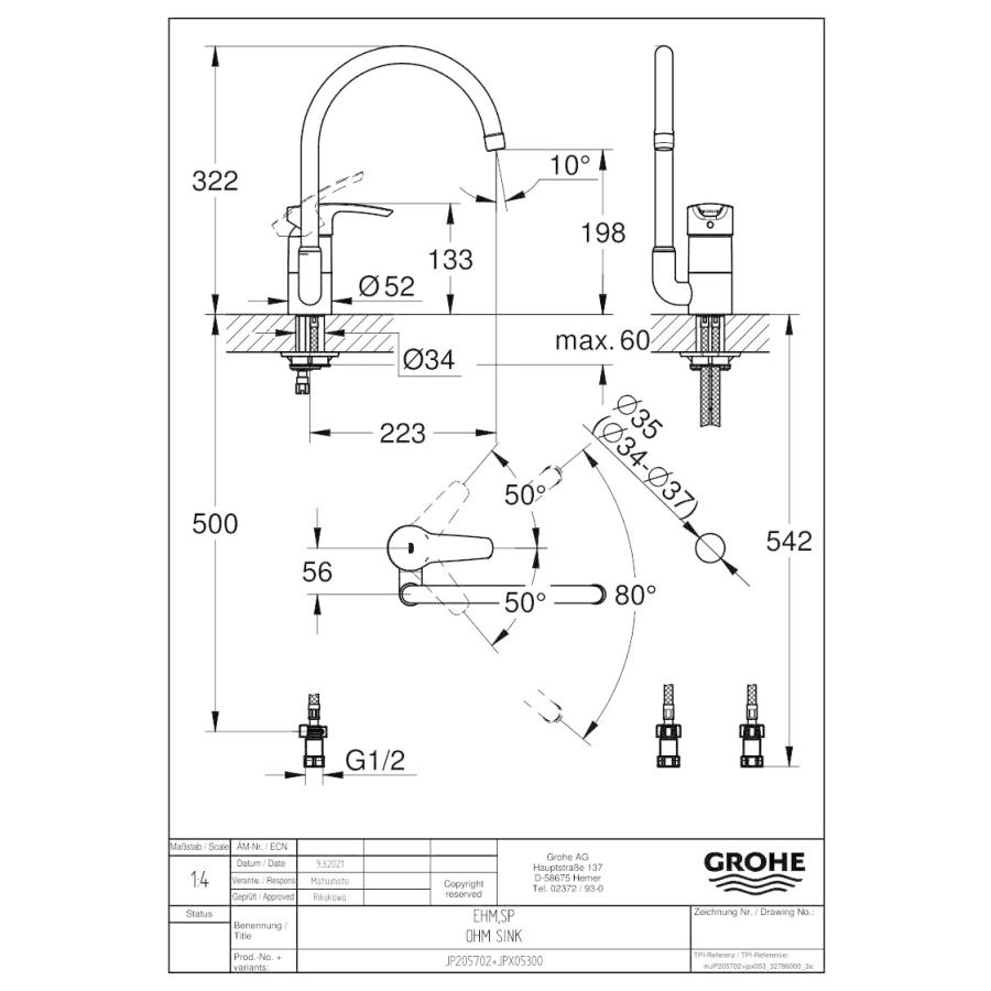 キッチン水栓 一般地用 グローエ製（GROHE）JP205702 ユーロ 