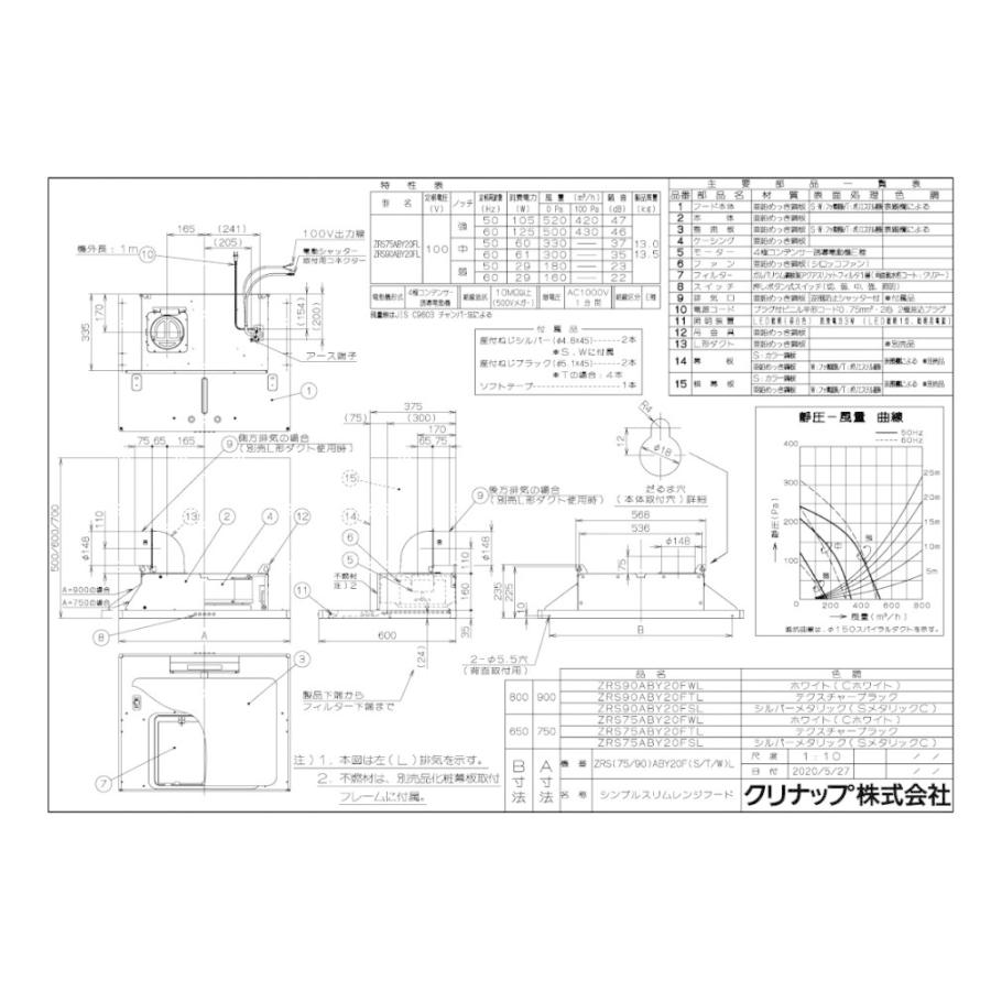 レンジフード　クリナップ　ZRS90ABY20FS(R　L)　シンプルスリムレンジフード　シルバー　間口90cm　上幕板付き