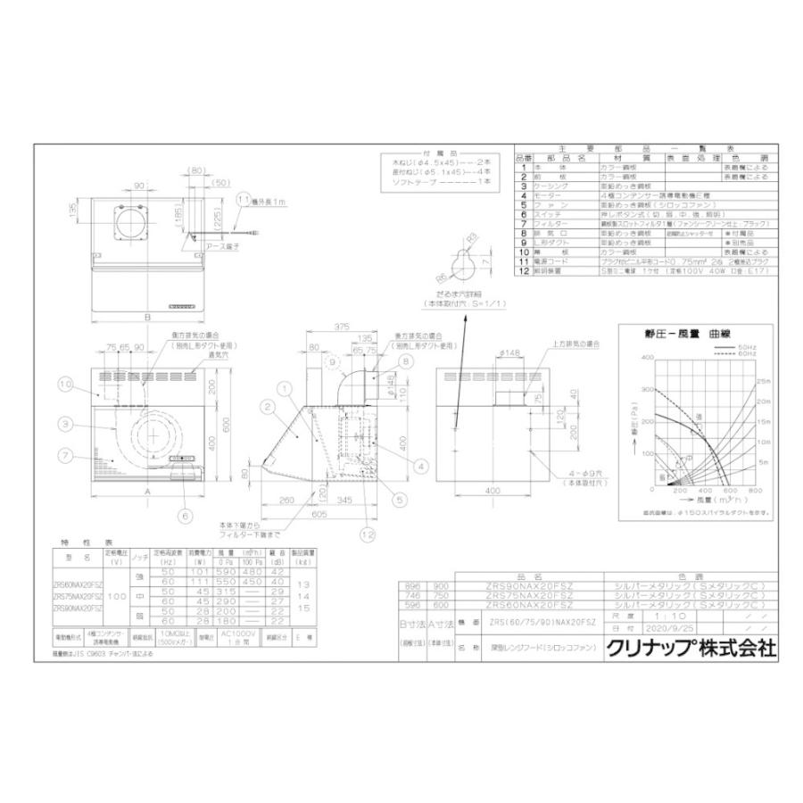 クリナップ レンジフード ZRS75NAX20FSZ 間口75cm 深型レンジフード
