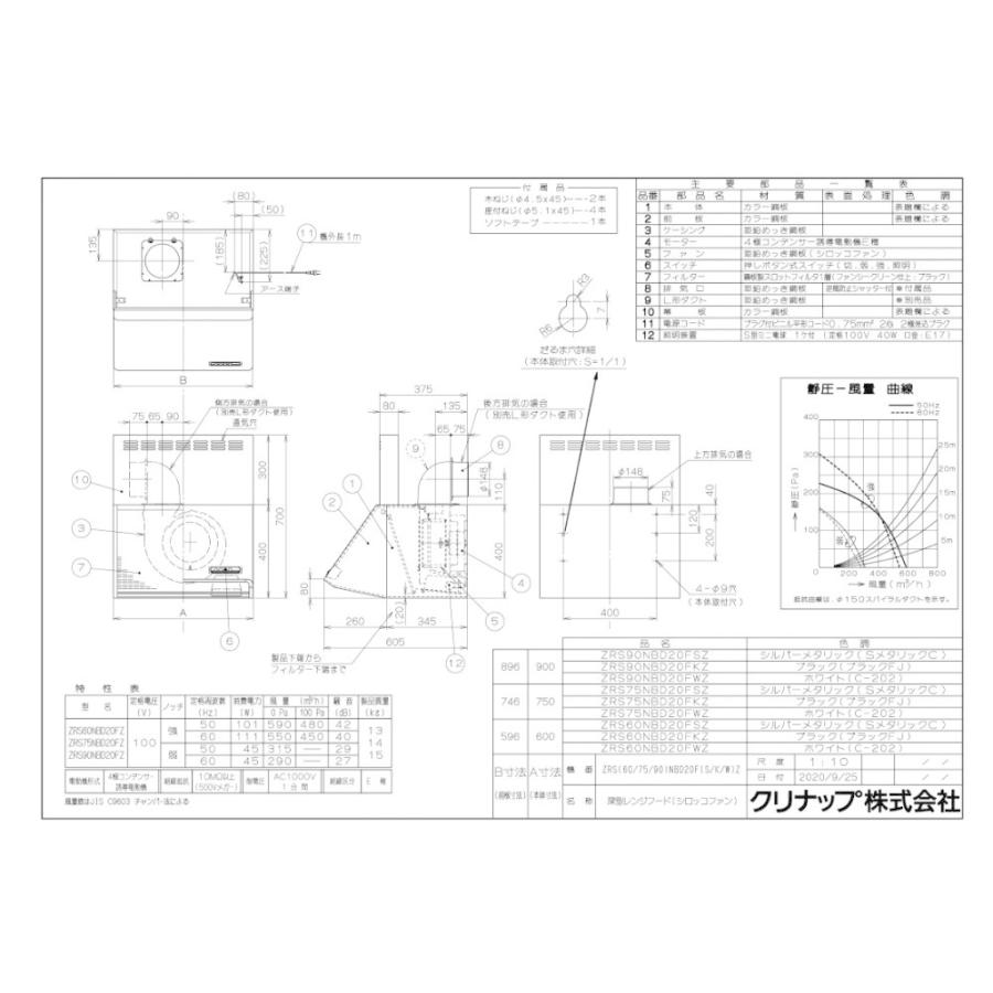 レンジフード　クリナップ　ZRS75NBD20FSZ-E　間口75cm　シルバー　上幕板付き　深型レンジフード（シロッコファン）