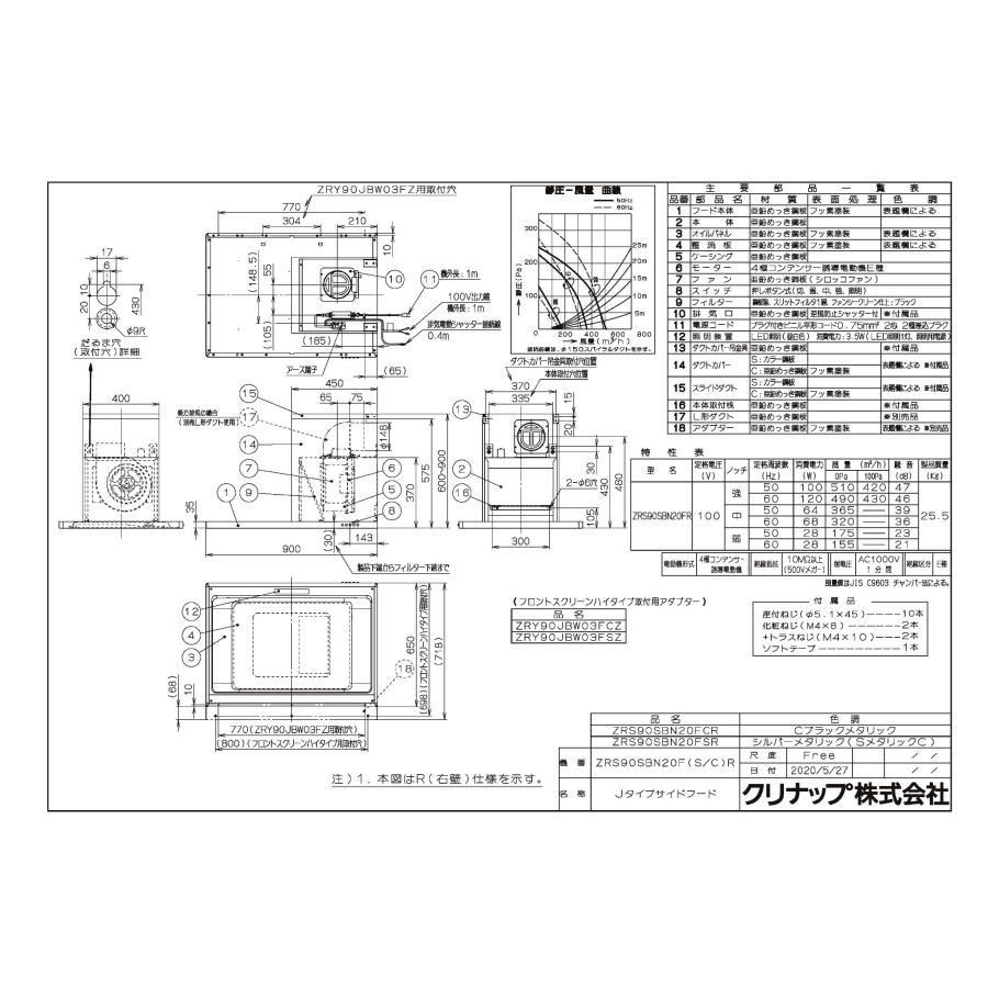 クリナップ レンジフード ZRS90SBN20FS(R・L)-E 間口90cm Jタイプ