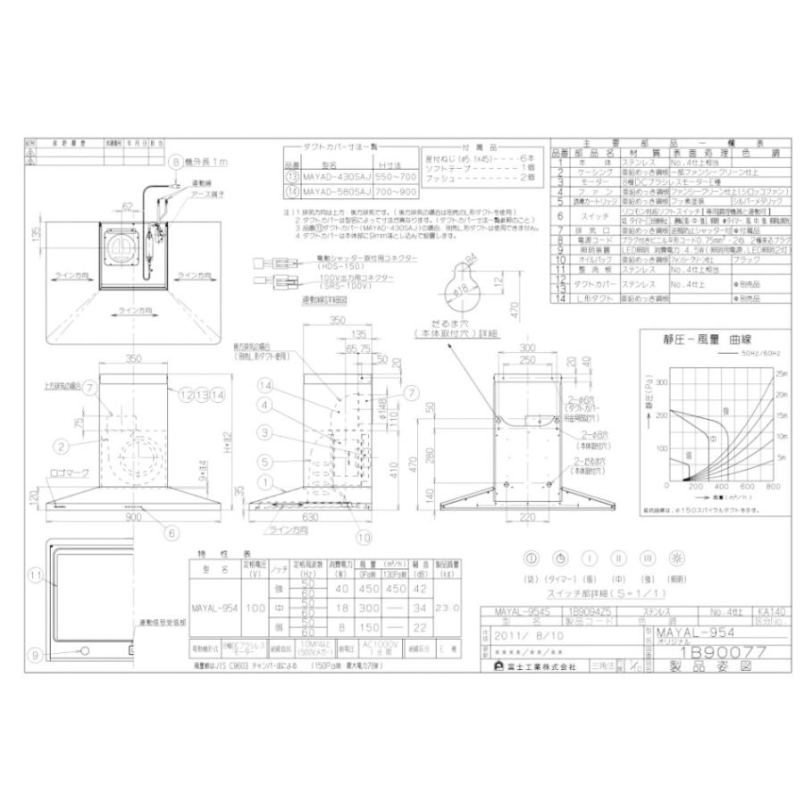 レンジフード　アリアフィーナ製（富士工業）MAYAL-954TBK　間口90cm　マヤ　テクスチャーブラック　壁面取付けタイプ　ダクトカバー付き｜jousuiki｜04