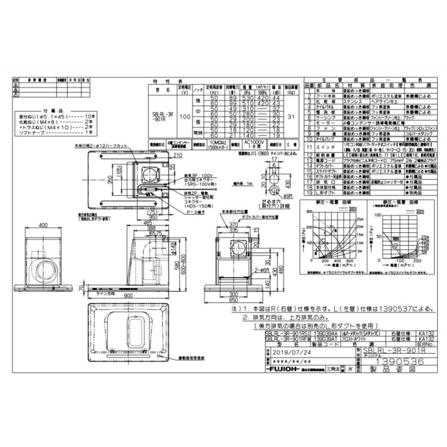 レンジフード富士工業製SBLRL-3R-901R　LSIシルバーメタリック間口90cmプレミアム横壁取付けタイプBL3型相当風量ダクトカバー付き