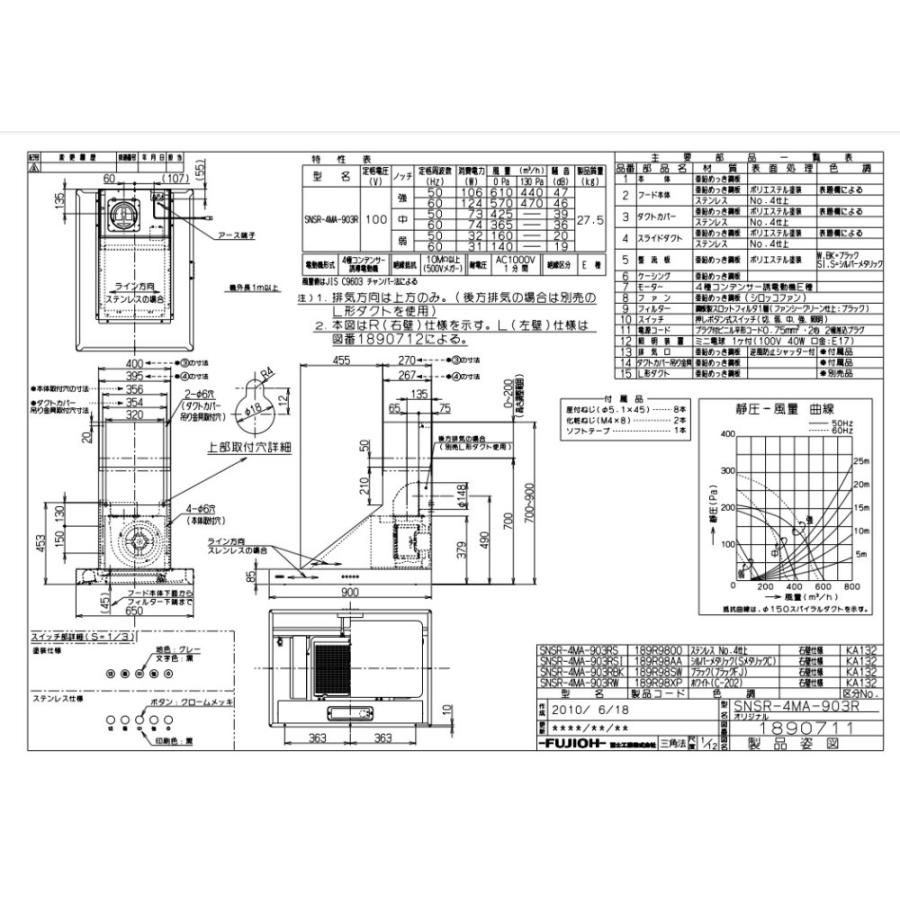 レンジフード富士工業製（富士工業）SNSR-4MA-903R　LSステンレス間口90cmスタンダード横壁取付けタイプBL4型相当風量ダクトカバー付き