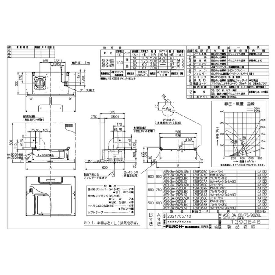 富士工業 レンジフード富士工業製（富士工業）ASR-3A-7526R/LWホワイト