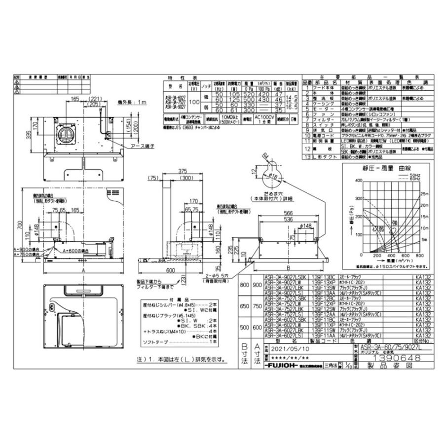 富士工業 レンジフード富士工業製ASR-3A-9027R/LBKブラック間口90cm高