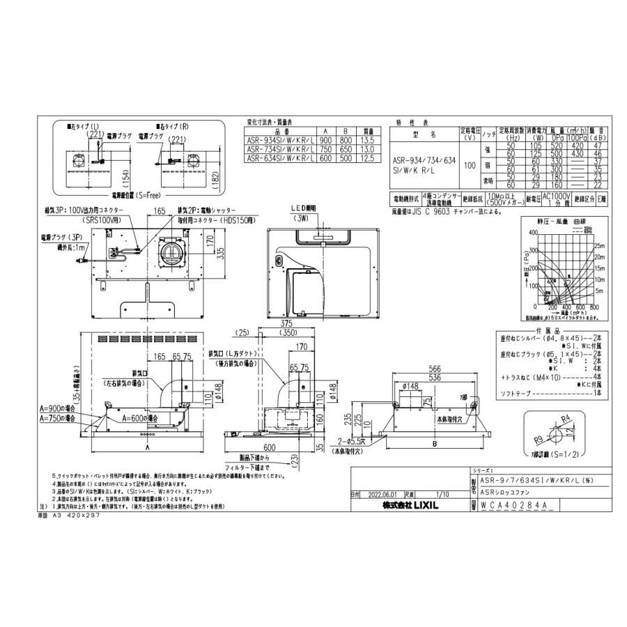 レンジフード　富士工業製（LIXIL）ASR-934SI(R/L)　間口90cm シルバー  壁付用ASRタイプ(奥行65・60cm共用)　上幕板付き｜jousuiki｜02