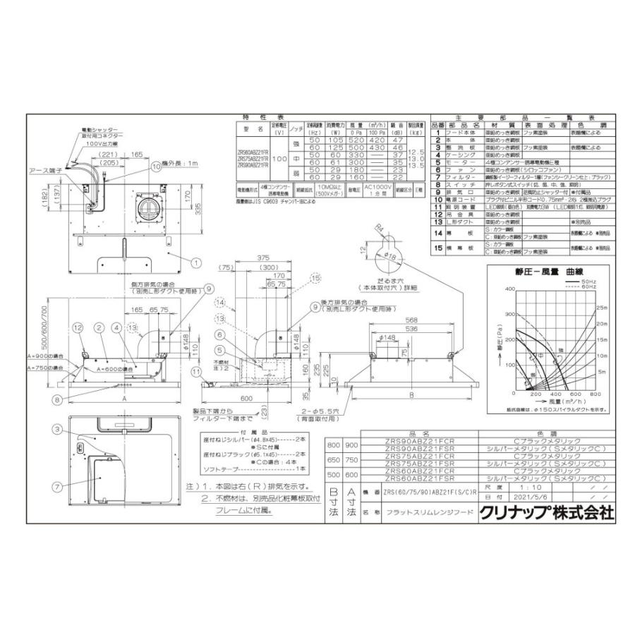 クリナップ レンジフード ZRS90ABZ21FC(R/L)-E 間口90cm フラット