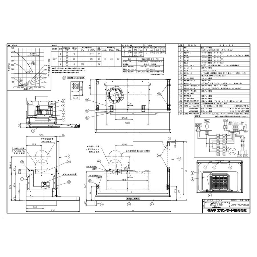 レンジフード　タカラスタンダード　VRAS-E752ADL　RN　シロッコファン　シルバー　ステンレス　幅75cm　前面パネル付き