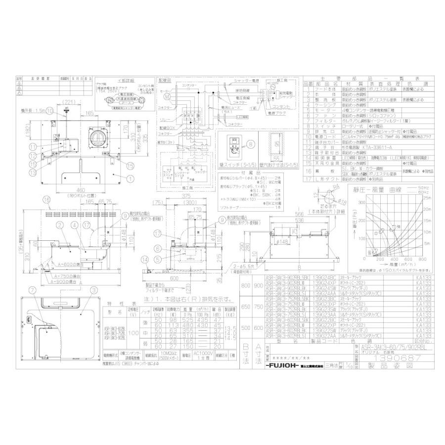 レンジフード　富士工業製（富士工業）ASR-3AK3-902R　LBLW　ホワイト　壁面取付けタイプ　上幕板付き　間口90cm