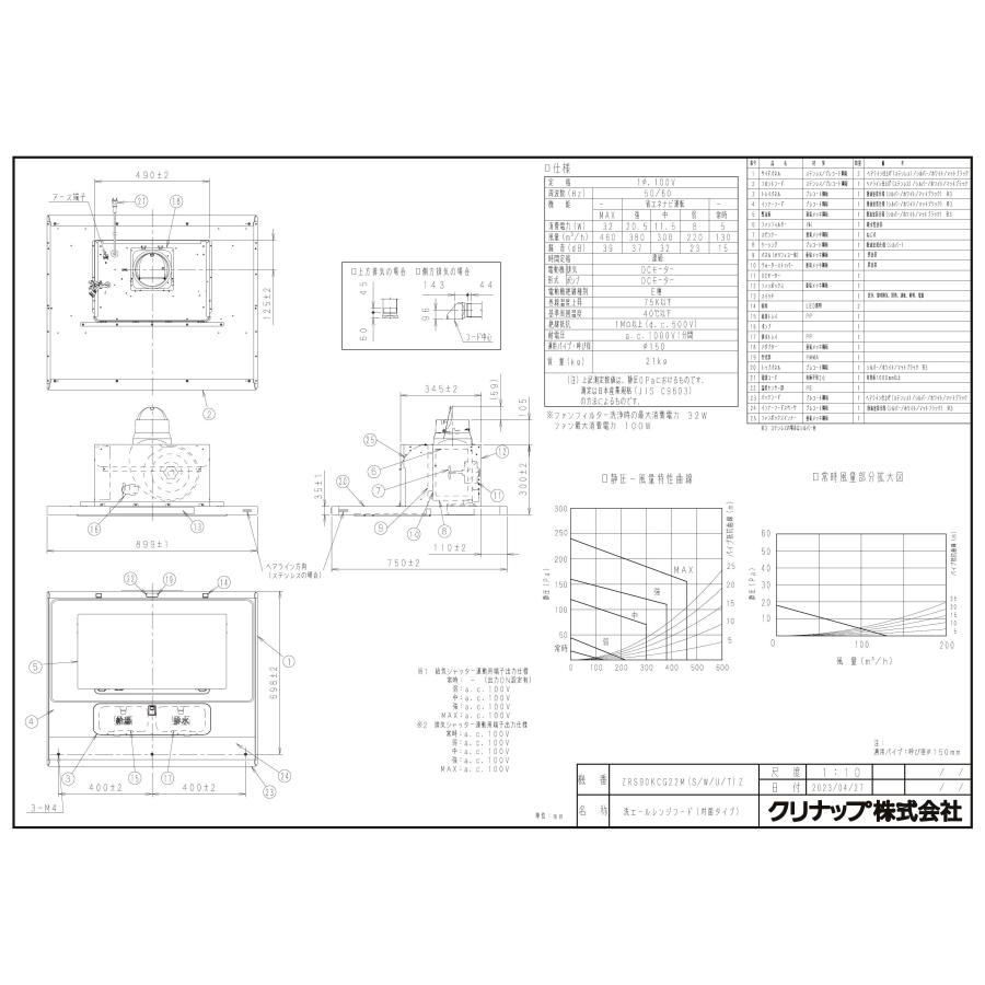 レンジフード　クリナップ　ZRS90KCG22MWZ-C　間口90cm　ダクトカバー付き　洗エールレンジフード　ホワイト　センタータイプ