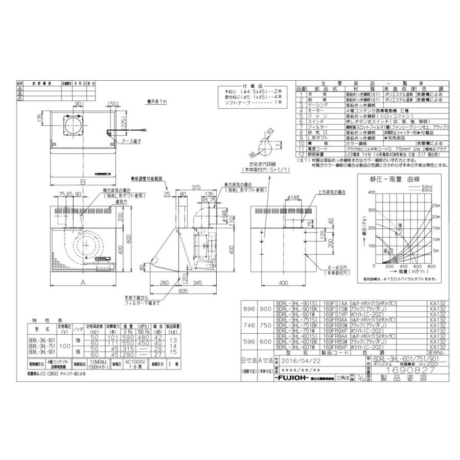 レンジフード　富士工業製（富士工業）BDRL-3HL-601BK　ブラック　間口60cm　壁面取付けタイプ　上幕板付き