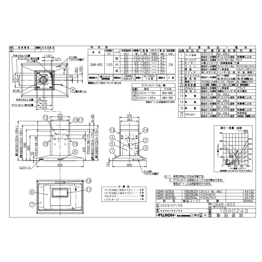 レンジフード アリアフィーナ製（富士工業）CBAR-903TBK 間口90cm