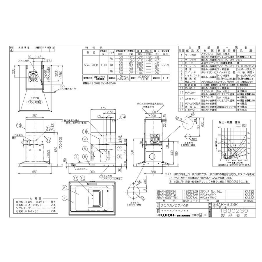 レンジフード アリアフィーナ製（富士工業）SBAR-903(R/L)TW 間口90cm