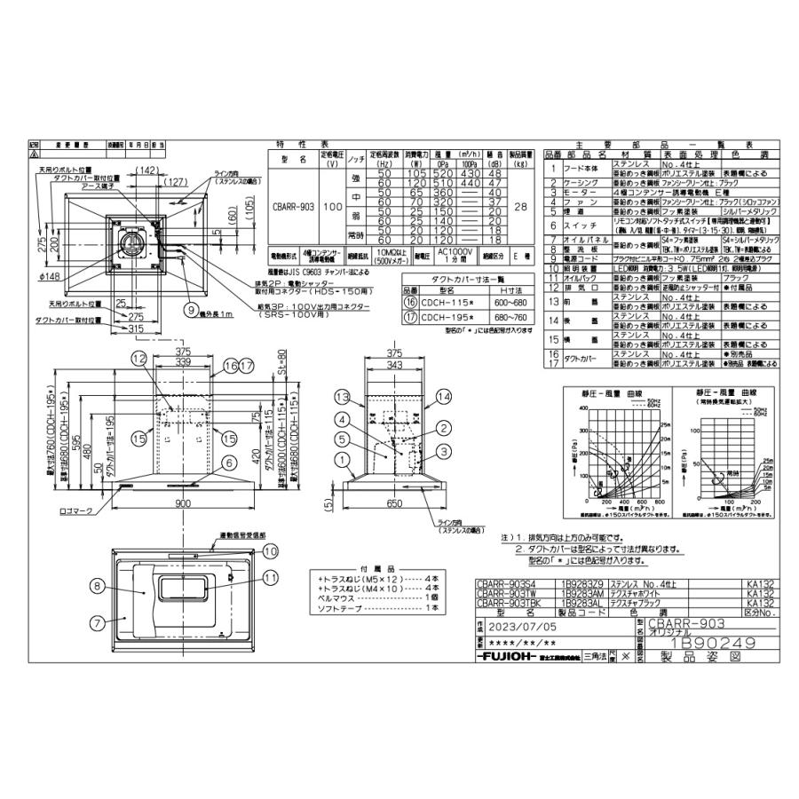 レンジフード アリアフィーナ製（富士工業）CBARR-903TBK 間口90cm