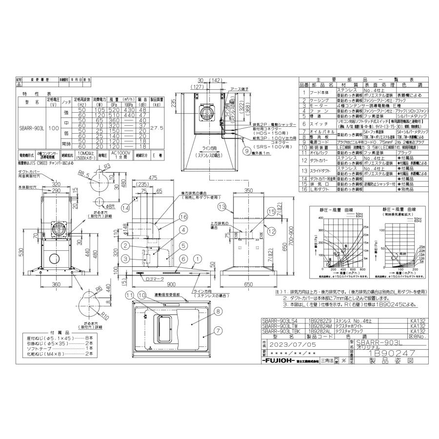 レンジフードアリアフィーナ製（富士工業）SBARR-903(R/L)TBK間口90cm