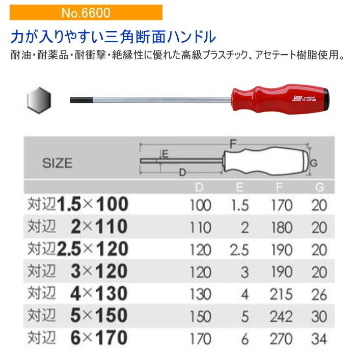 ANEX 六角レンチドライバー H6×170 No6600 日本製 DIY 工具 作業用品