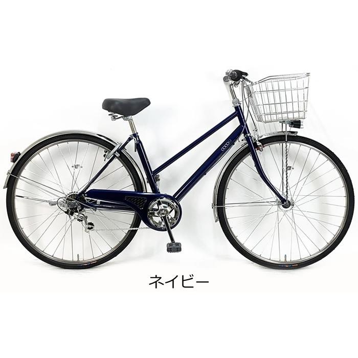 自転車 27インチ 3段変速 ネイビー×シルバー 鍵付 カゴ付 ライト付 紺
