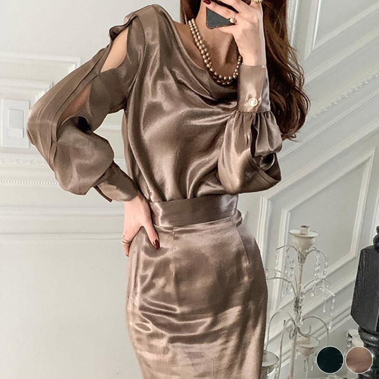 ドレス レディース 長袖 サテン セットアップ タイト エレガント ブラウス タイトスカート 肩見せ ドレープ ブラウン 黒 韓国ファッション メール便送料無料 Fa D 3497 海外ファッション Joyfeel 通販 Yahoo ショッピング